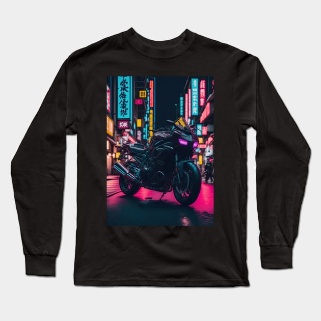 Neon Speedster: Motorcycle Majesty in a Japanese Metropolis Long Sleeve T-Shirt by star trek fanart and more